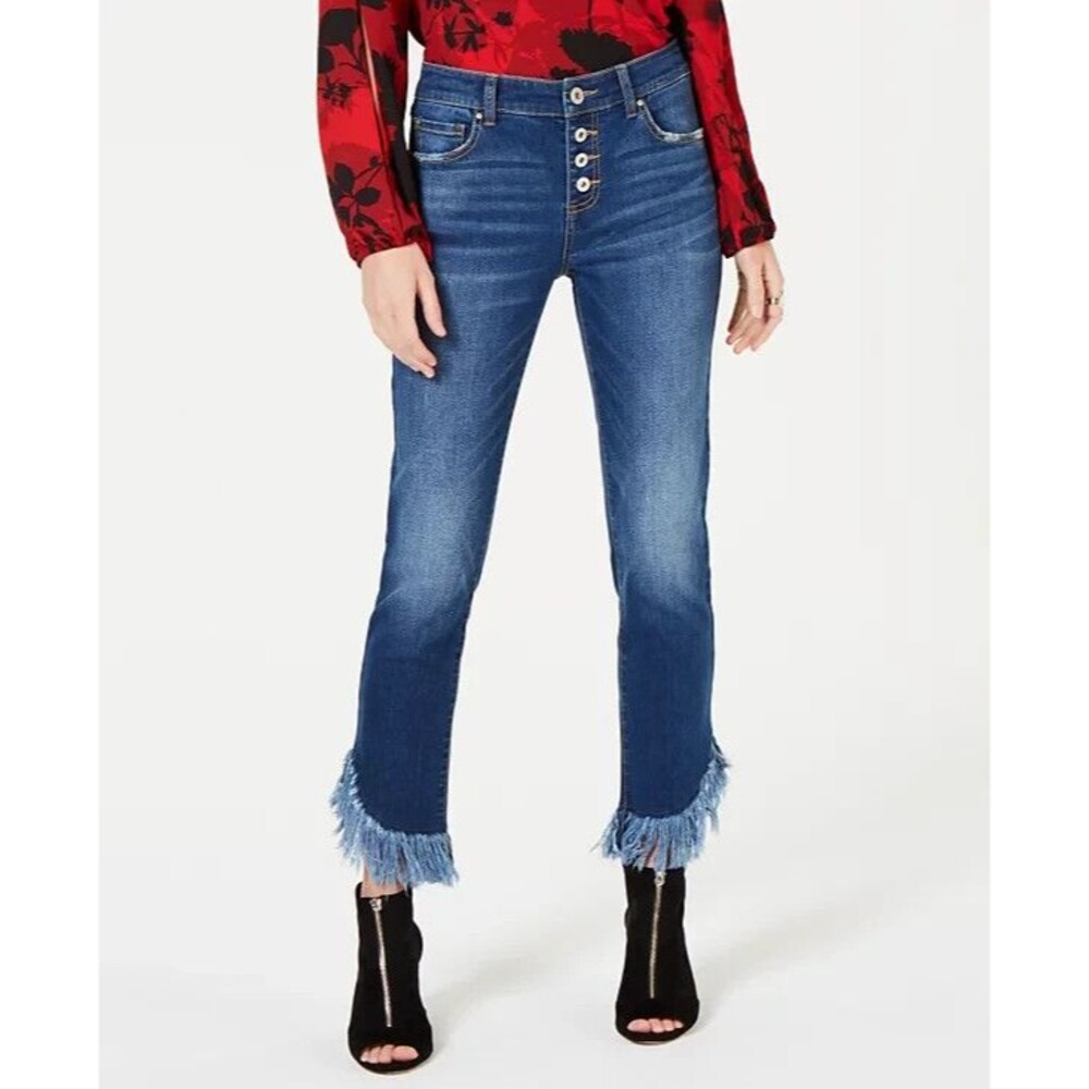 INC Fringe Hem Straight Leg Crop Jeans Boho Festival Coastal Cowgirl Indie 90s